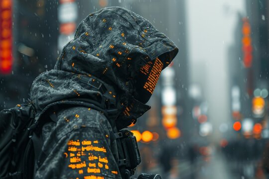 Soldier engaged with technology in a futuristic cyber environment with yellow and white hues