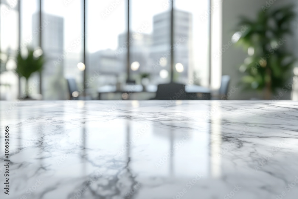 Poster a stylish marble table with a beautiful view of the cityscape.