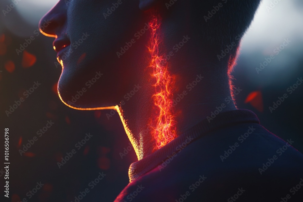 Poster a close-up shot of a person's neck with a glowing effect, suitable for use in fantasy or sci-fi illu