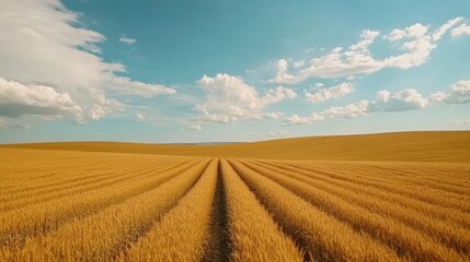 Fototapeta premium A peaceful scene of golden barley fields stretching out to the horizon under a partly cloudy sky.