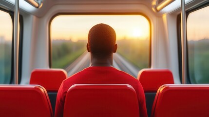 Fototapeta premium A passenger gazes out of a train window, overlooking a scenic sunset as the train approaches its destination.