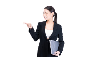 Professional young businesswoman in a black suit smiling and pointing while holding a tablet, representing modern technology, leadership, and communication in corporate world.