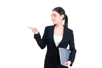 Professional young businesswoman in a black suit smiling and pointing while holding a tablet, representing modern technology, leadership, and communication in corporate world.
