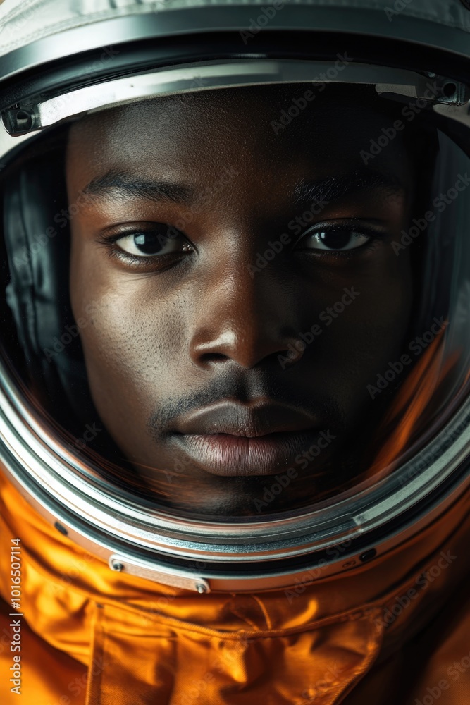 Poster a close-up view of an astronaut's face, wearing a space suit, ready for an adventure.