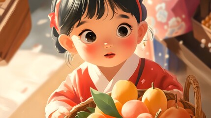 A close-up of a young child wearing a hanbok, holding a basket of freshly harvested fruits as part of the Chuseok celebration