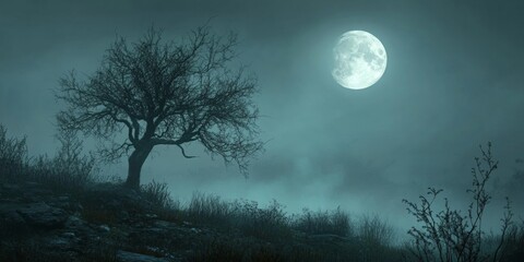 Fototapeta premium Moonlit Shadows, tranquil scene of a full moon illuminating a haunting landscape, softly blurred tree silhouette enhancing the eerie atmosphere