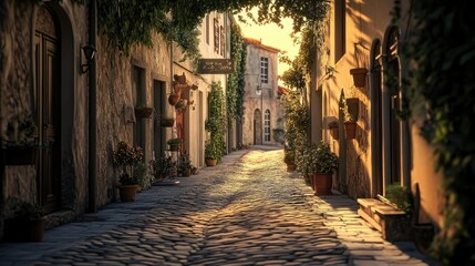 Naklejka premium A picturesque cobblestone street illuminated by the warm hues of sunset, casting long shadows and creating a serene atmosphere