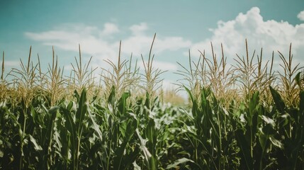 Fototapeta premium A picturesque cornfield on a bright summer day, with rows of tall green plants reaching up to the sky.