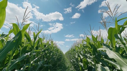 Fototapeta premium A picturesque cornfield on a bright summer day, with rows of tall green plants reaching up to the sky.