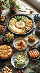 A close-up of a perfectly arranged Chuseok meal, featuring songpyeon, jeon (Korean pancakes), fruits, and other harvest dishes