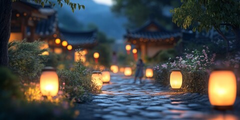 Family gathering in a traditional village during chuseok, illuminated by softly glowing lanterns along a serene path