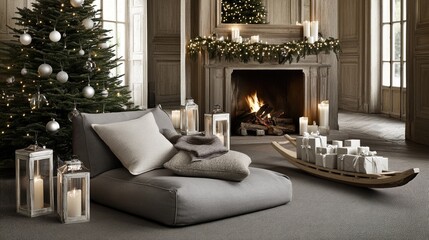 This cozy room features a beautifully decorated Christmas tree, silver and beige accents, plus a comfy chair with pillows and blankets for a warm festive vibe