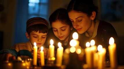 A family lighting candles at the beginning of Rosh Hashanah, with the soft glow creating a peaceful atmosphere