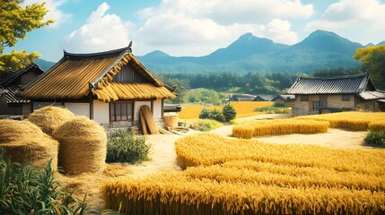 Wooden cabin nestled amidst rolling green hills, overlooking vast rice fields and a breathtaking mountain landscape