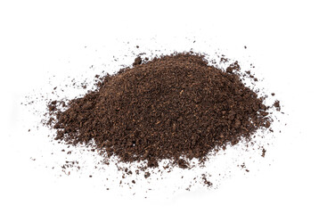 Pile of Worm poop. Vermicomposting using dairy cow dung. Good quality natural organic fertilizer for use as an ingredient in planting trees isolated on white background.
