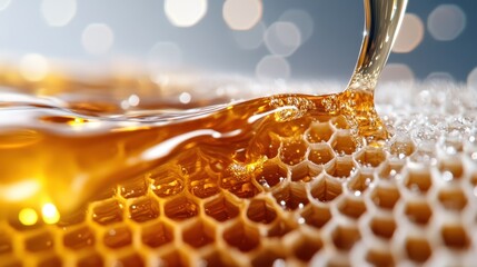 Golden honey streams over a detailed honeycomb structure, enhanced by a bokeh-filled background. This image embodies nature, sweetness, and artisanal craftsmanship.