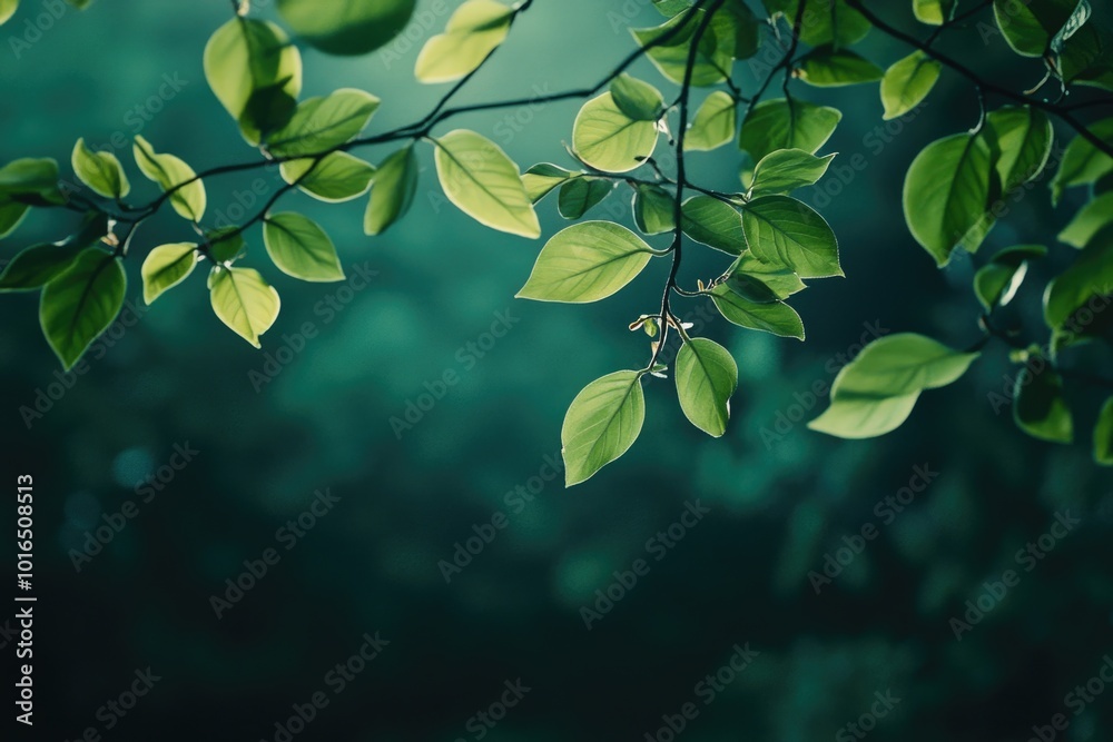 Poster A close-up shot of a tree branch with lush green leaves.