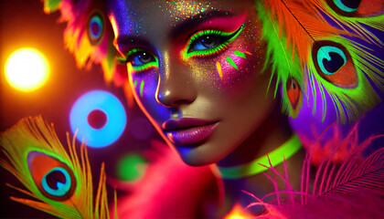 Fototapeta premium Closeup face of woman with neon make-up and feathery dress