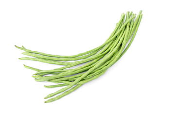 Fresh green yardlong cowpea beans, kacang panjang, long bean. isolated white background.