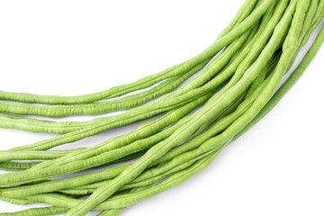 Close-up Fresh green yardlong cowpea beans, kacang panjang, long bean. isolated white background.