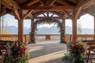 Fototapeta premium beautifully decorated pavilion with floral accents offers stunning mountain views for event