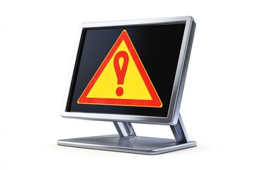 A computer monitor with a warning symbol on the screen.