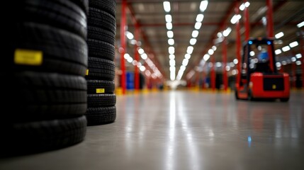 Modernes Lager mit Gabelstaplern und gestapelten Reifen - Logistik- und Industrieanlagenplanung