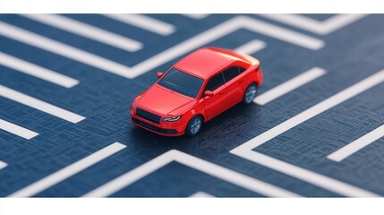Obraz premium A vibrant red toy car navigating a maze of white lines, symbolizing challenge and exploration in a playful setting.