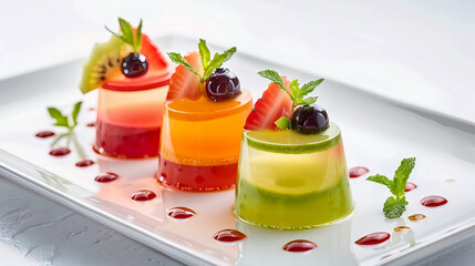Three colorful fruit jellies are arranged on a white plate