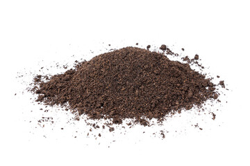Pile of Worm poop. Vermicomposting using dairy cow dung. Good quality natural organic fertilizer for use as an ingredient in planting trees isolated on white background.