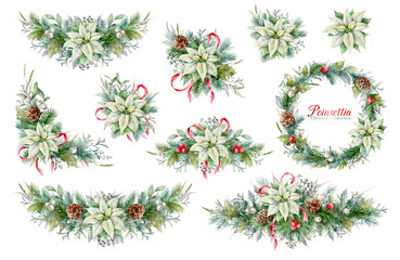 Watercolor Christmas collection with white poinsettia flower. Decorative elements, garlands, wreaths with white Christmas star flower. 