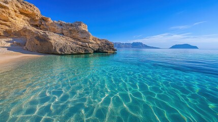 Fototapeta premium Serene view of a crystal-clear lagoon nestled among jagged cliffs, untouched paradise