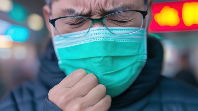 Kranker Mann mit Brille f&uuml;hlt sich krank und hustet mit Maskenschutz