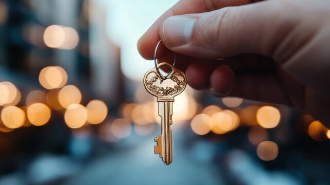 A golden key is held by a hand against a blurred cityscape, symbolizing new opportunities and exploration. The warm lights create a welcoming atmosphere. - Powered by Adobe