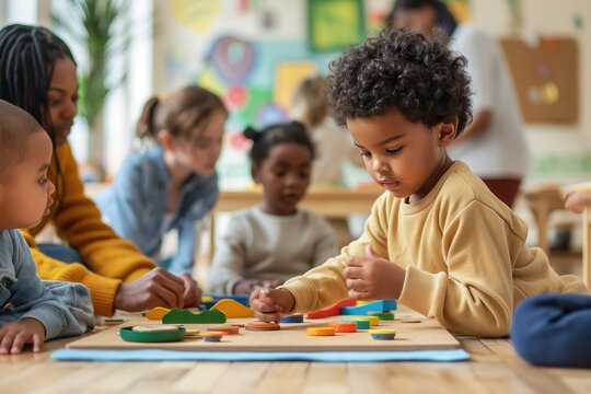 African American kid plays with colorful toy car on wooden floor in Montessori school. Group of children engaged in playful activity, seated around toy car. Natural fills room, illuminating happy