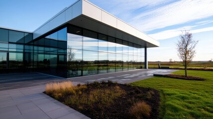 Fototapeta premium Moderne Unternehmenszentrale unter blauem Himmel in malerischer Landschaft für architektonisches Design