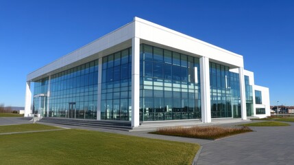 Moderne Unternehmenszentrale unter strahlend blauem Himmel für geschäftliches und architektonisches Design