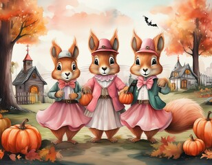 Fototapeta premium trick or treat squirrels with costumes, Pastel Watercolor, Pink Dresses, autumn, halloween celebration, 