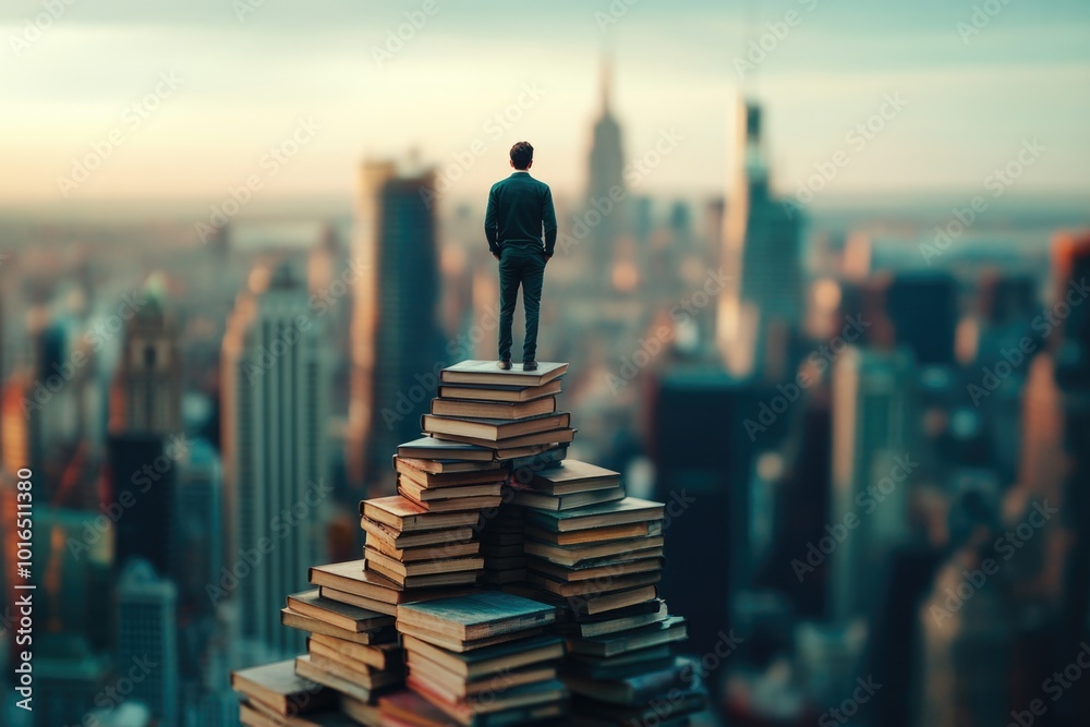 Poster a person standing on top of a stack of books, likely researching or studying.
