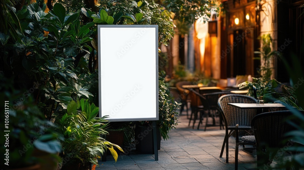 Poster a quiet courtyard with a blank sign in the center, perfect for adding text or logo.