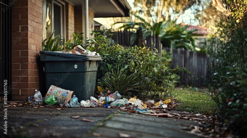 Poster A pile of garbage sitting next to a house, great for illustrations about waste management and community issues.