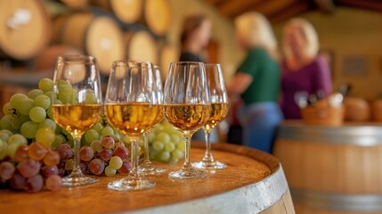 Freunde genießen eine Weinprobe in einer Brennerei mit Trauben und Fässern – perfekt für Frühlingsausflüge und Treffen