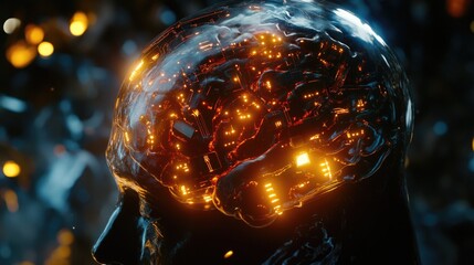 Anatomical illustration of a human head with a bright, luminescent brain.
