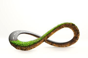 Infinity symbol road in adventure route concept. Earth land with asphalt driveway isolated on studio background. 3d illustration of infinity road or never ending road design advertisement.