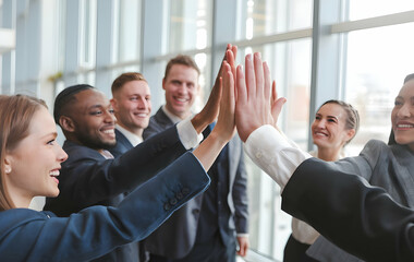 Business Team High Five for Success and Teamwork - Corporate, Motivation, Collaboration Stock Photo