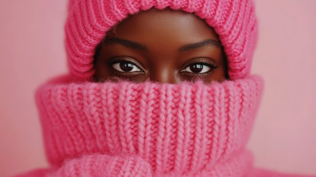 Gem&uuml;tliche Wintermode: Frau in rosa Strickpullover und M&uuml;tze