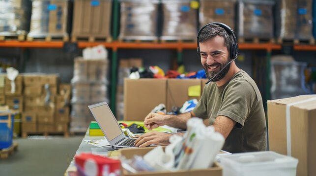 Man works in warehouse organizing donations. Wearing headset, uses laptop. Cluttered desk with keyboard, cardboard boxes. Green shirt, focused on task. Gray floor, white walls, large shelf in