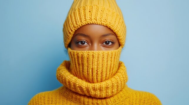 Warme Frau im Winterstil mit gelber Strickm&uuml;tze und Pullover f&uuml;r Modewerbung