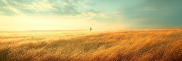 Fototapeta premium Endless Prairie Serenity, expansive grasslands swaying gently under a soft, cloudy sky, evoking tranquility and natural beauty.