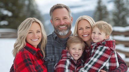 Happy Family Enjoying Winter Outdoors in Snow-Covered Landscape, Smiling Together